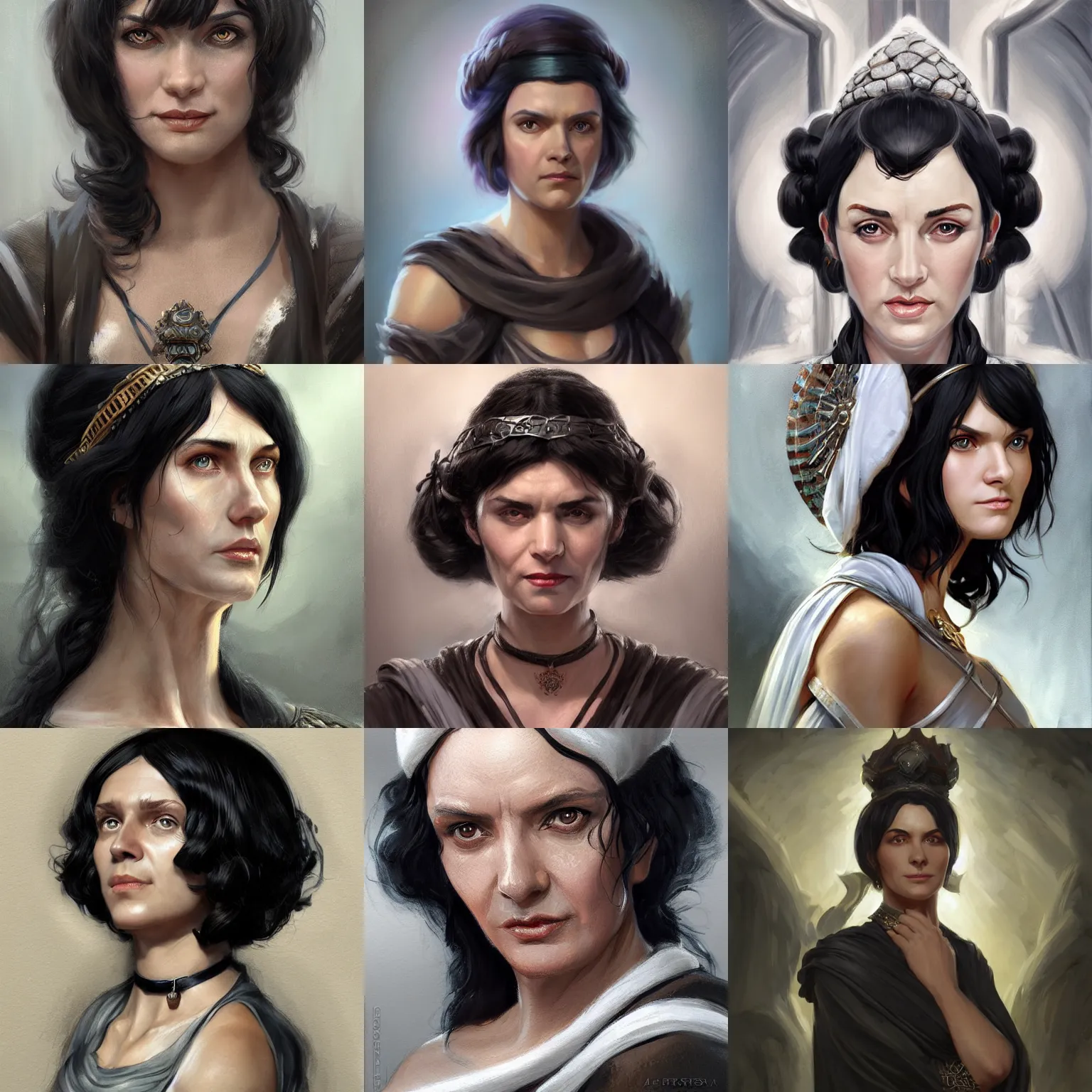 Prompt: hestia, helen mcrory, elderly greek hearth goddess, black hair, tunic, d & d, fantasy, portrait, highly detailed, headshot, digital painting, trending on artstation, concept art, sharp focus, illustration, art by artgerm and greg rutkowski and magali villeneuve