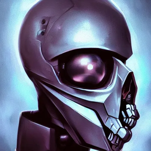 Image similar to skull - headed robot cyborg painting, illutstration, concept art, cyberpunk, futurism, comics art, artgerm, full body shot, anime