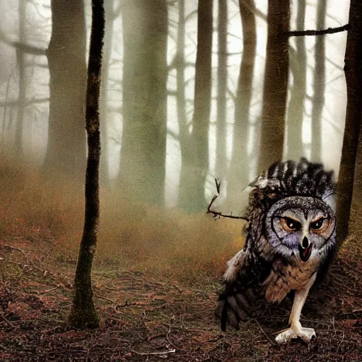 Image similar to mixture between an! owl and wolf, photograph captured in a dark forest