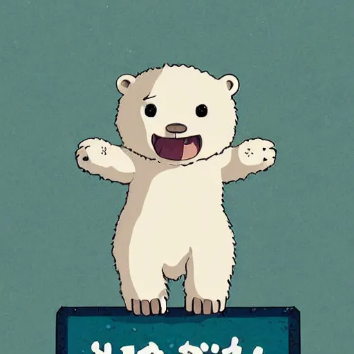 Prompt: cute anime polar bear holding a sign, studio ghibli, digital art, high quality, beautiful illustration, anime