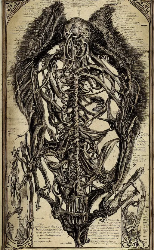 Prompt: hyper detailed antique occult instructions, eldritch, anatomy, pagan god