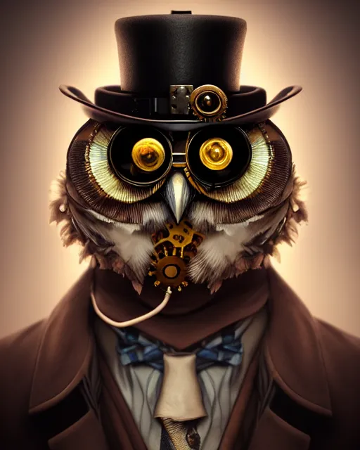 Image similar to steampunk male owl portrait, handsome, steampunk hat, detective coat, steampunk monocle, hyper realistic 3 d render by ilya kuvshinov, peter mohrbacher, greg rutkowski, ryohei hase, dramatic lighting, intricate, highly detailed, sharp focus, luminous, unreal engine, blender, deviant art, masterpiece, ray tracing