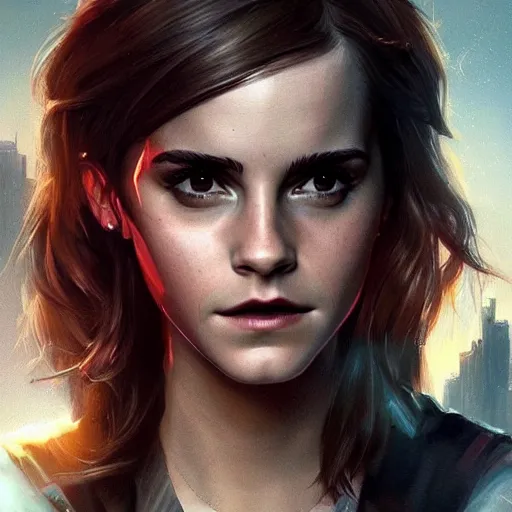 Image similar to emma - watson!! emma watson in cyberpunk 2 0 7 7, promotional, intricate, elegant, highly detailed, digital painting, artstation, concept art, smooth, sharp focus, illustration, art by artgerm and greg rutkowski