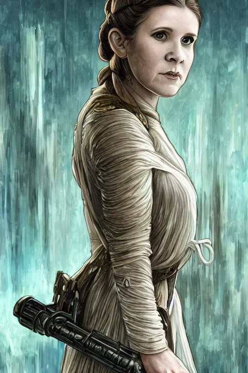 Prompt: Young Carrie Fisher wearing her slave outfit from Star Wars, cute, fantasy, intricate, elegant, highly detailed, digital painting, 4k, HDR, concept art, smooth, sharp focus, illustration, art by artgerm and H R Giger and alphonse mucha