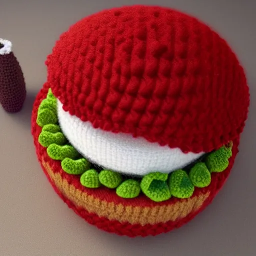 Image similar to realistic photo of a big mac crocheted out of wool, digital art