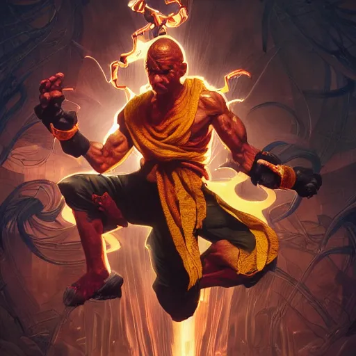 Image similar to giancarlo esposito as dhalsim street fighter, jump kick, 4 k, ultra realistic, detailed focused art by artgerm and greg rutkowski and alphonse mucha