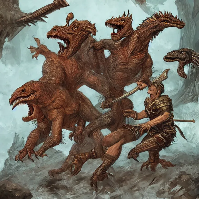 Image similar to a human d & d barbarian being attacked by a fantasy velociraptor, rpg book illustration