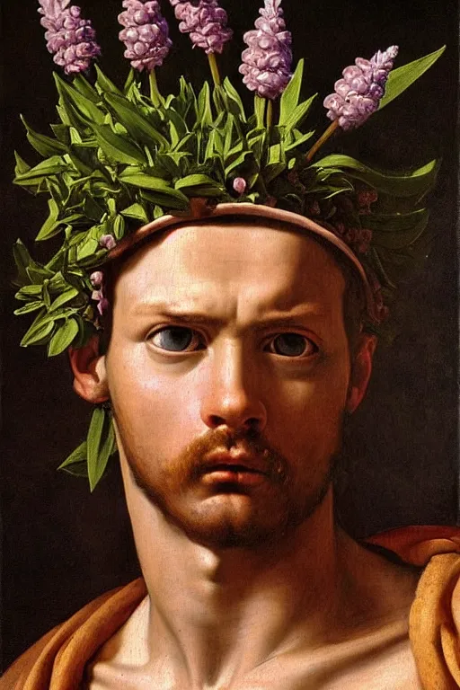 Image similar to renaissance painting of spartan, portrait, face closeup, emotions closeup, dressed in spartan armour, the beautiful garden with liliac bush everywhere, ultra detailed, art by guido reni style, vincenzo catena style