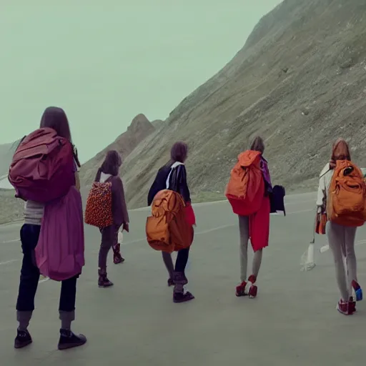 Prompt: a giant mountain of backpacks and girls, margiela campaign, cinematic lighting, hd vfx