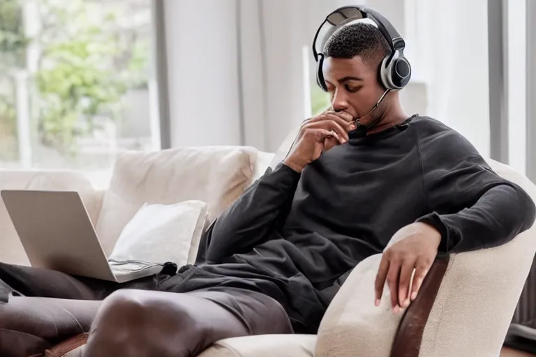 Prompt: a man that is deep in thought is wearing a white t - shirt and black sweat pants and wearing over the ear headphones is sitting in a brown leather reclining chair in a living room