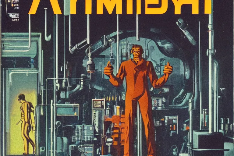 Prompt: 1979 OMNI Magazine Cover depicting a large tall Mr Hyde standing in a laboratory. Cyberpunk Akira style by Vincent Di Fate