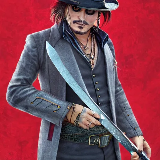 Image similar to johnny depp!!!! holding a sword, photorealistic, 4 k, 8 k