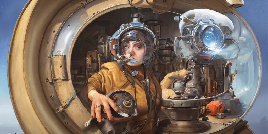 Image similar to highly detailed portrait painting of welder and angelina joile, mono single eye in porthole, by eddie mendoza and tyler edlin, 8 k resolution