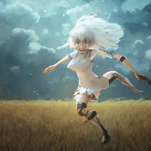 Prompt: highly detailed portrait of a laughing Theresa May ((Theresa May)) skipping through a field of wheat Dustin Nguyen, Akihiko Yoshida, Greg Tocchini, Greg Rutkowski, Cliff Chiang, 4k resolution, nier:automata inspired, bravely default inspired, vibrant but dreary color scheme!!! ((field of wheat background))