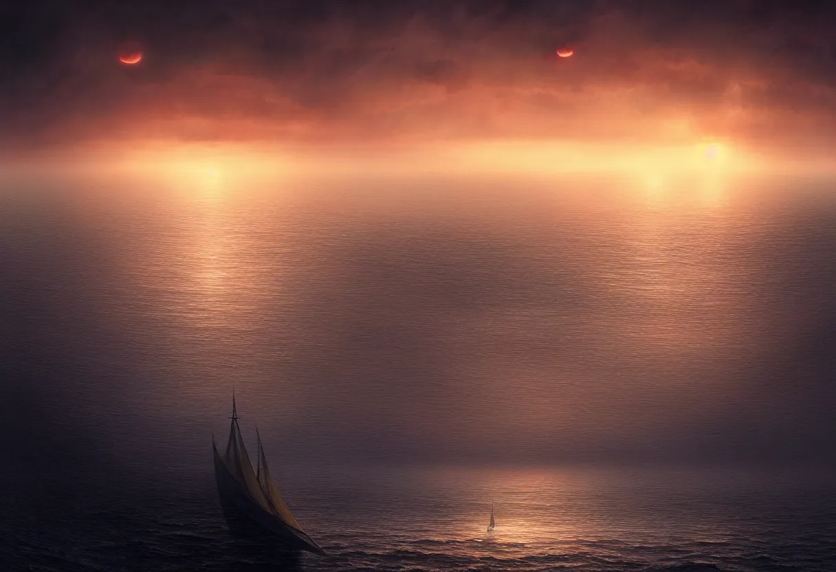 Image similar to strange sea surface of autumn planet at sunset, sailing ship on horizon, ultra high definition, ultra detailed, symmetry, fog, matte painting, by greg rutkowski and ross tran and wlop