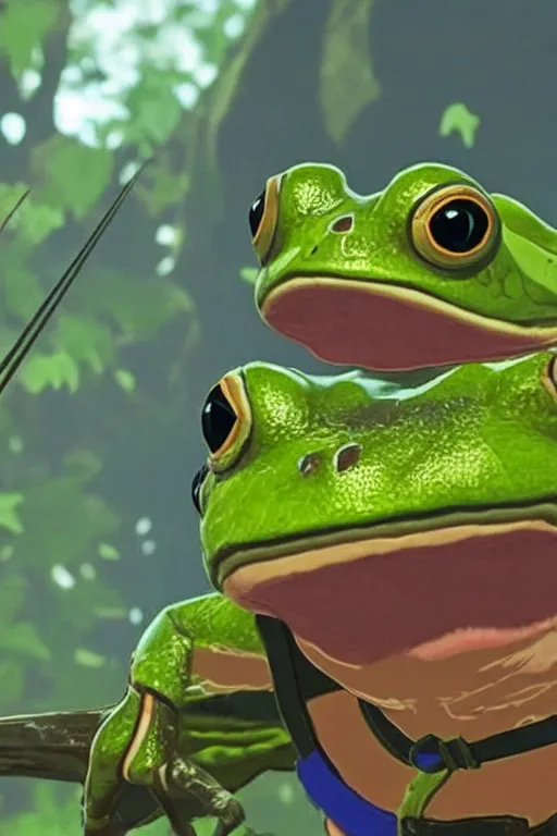 Prompt: in game footage of a frog from the legend of zelda breath of the wild, breath of the wild art style.