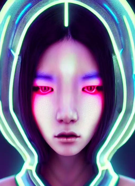 Image similar to photorealistic portrait of female asian humanoid, cyber neon lights, highly detailed, cyberpunk fashion, elegant, crispy quality, trending in artstation, trending in pinterest, glamor pose, no signature, no watermark, cinematic, art by pascal blanche