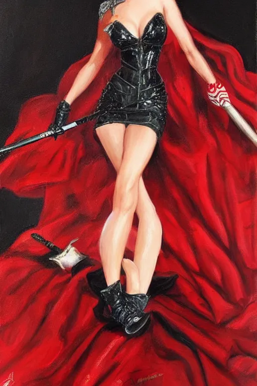 Image similar to Lord Licorice in a red and black sequins gown holding a peppermint sword, painting by Artgerm