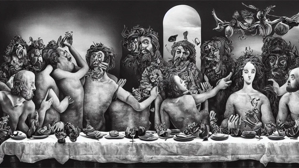 Image similar to the newest masterpiece of salvador dali inspired by dan hillier, it is called ; the last supper