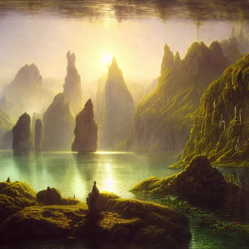 Prompt: a beautiful and highly detailed matte painting of the lost land by a beautiful lake, bright sunlight, celtic, psychedelic, epic scale, insanely complex, hyperdetailed, sharp focus, hyperrealism, artstation, cgsociety, 8 k, bright colors, by caspar friedrich, albert bierstadt, james gurney, brian froud,