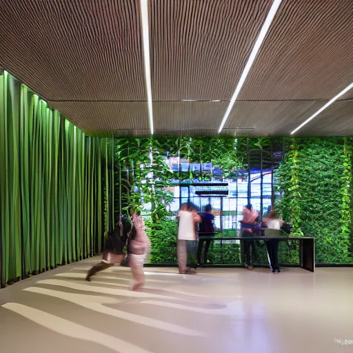 Prompt: interior photography of a Microsoft Samsung flagship store, wood, polished concrete, spotlights, verdant plants green wall, water feature, award winning interior design, patterns, retaildesignblog, retail-focus, retaildive, dezeen, 14mm, 8k, cinestill, pentax, film