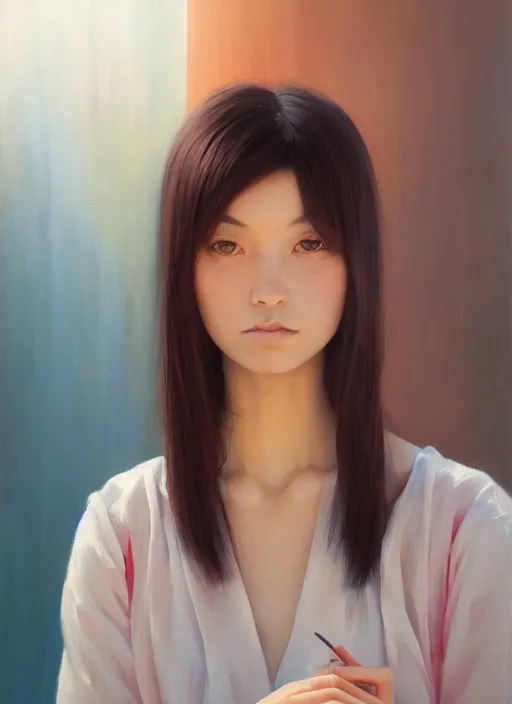 Image similar to oil painting by ilya kuvshinov,, baugh casey, rhads, coby whitmore, of a youthful japanese beauty, long hair, standing holding a outdoors by vending machines, highly detailed, breathtaking face, studio photography, dawn, intense subsurface scattering, blush, supple look, innocence, intense sunlight