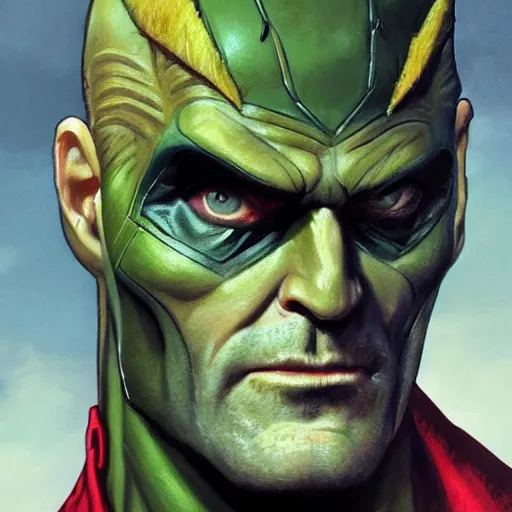 Prompt: portrait of Roy Keane as Marvel's Green Goblin, accurate, intricate, headshot, highly detailed, digital painting, artstation, concept art, sharp focus, illustration, art by artgerm and greg rutkowski and alphonse mucha