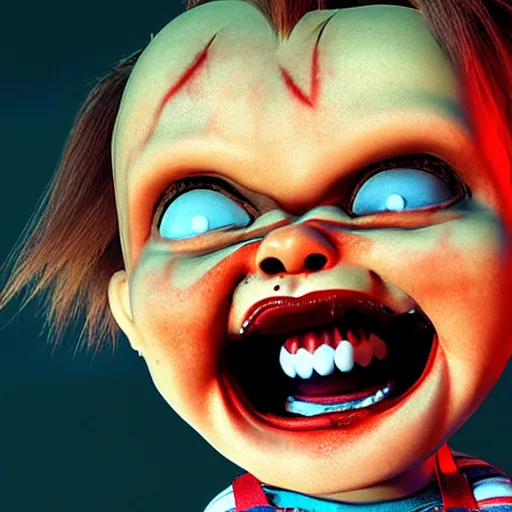 Prompt: chucky doll screaming popsicle octane render, unreal engine