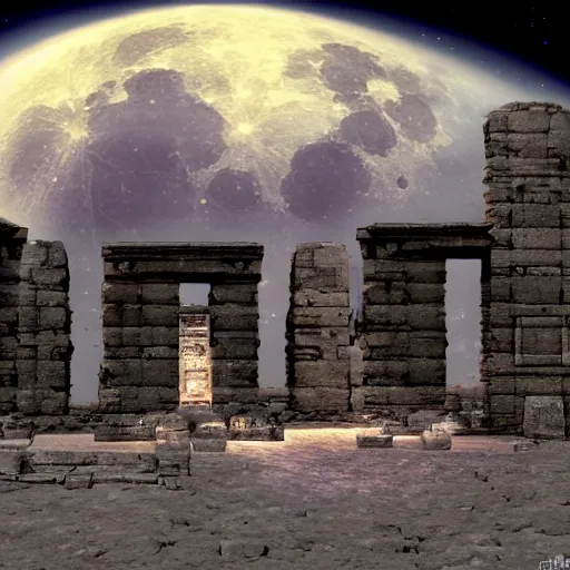 Image similar to ancient ruins in the moon, retrowave epic art, trending on art station