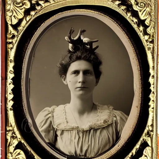 Image similar to portrait of a 1 9 th century woman with antlers, 1 9 0 0 s photography