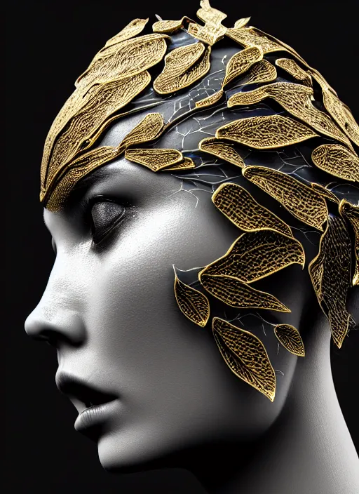 Image similar to bw contrasted close - up profile face, black background, beautiful young porcelain vegetal - dragon - cyborg - female, 1 5 0 mm, beautiful natural soft rim light, silver gold details, magnolia leaves and stems, roots, mandelbot fractal, elegant, ultra detailed, white metallic armour, octane render, h. r. giger style