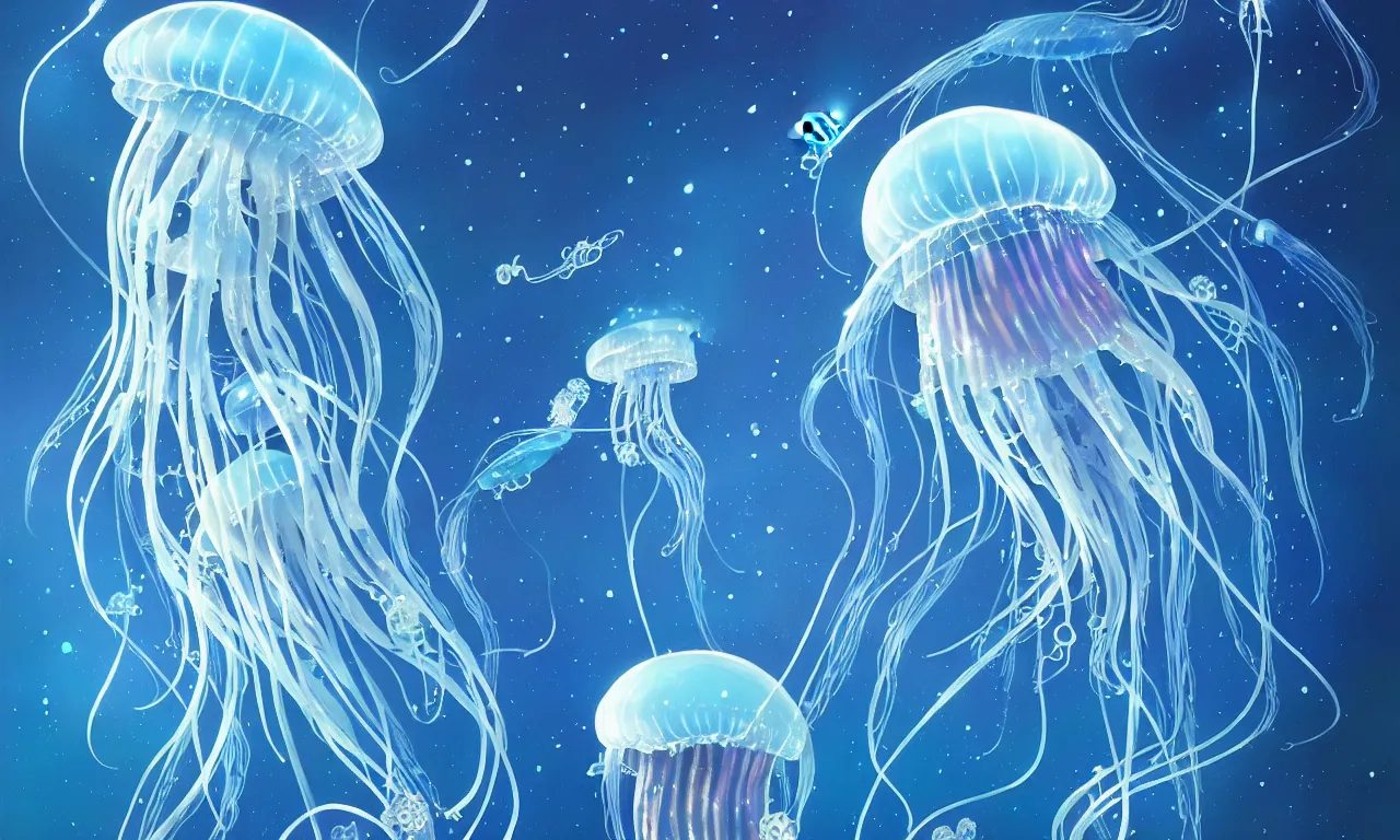 Image similar to detailed jellyfish in space, blue tones, underwater, full frame, highly detailed, digital painting, artstation, concept art, smooth, sharp focus, illustration, art greg rutkowski and alphonse mucha