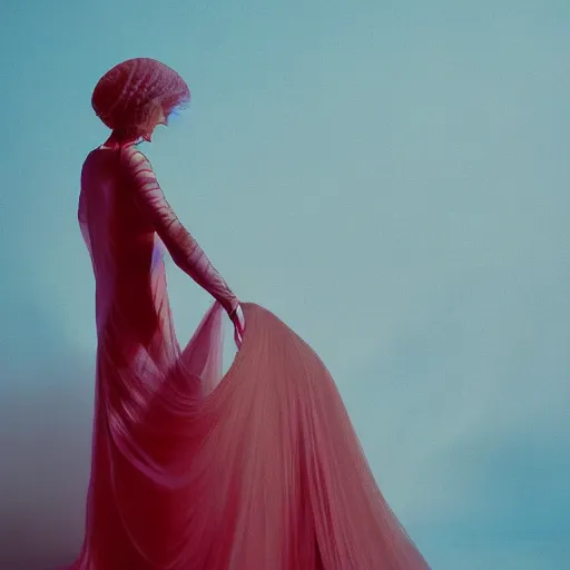 Image similar to Fashion photography of a woman wearing a dress inspired by a jellyfish, artistic photography, insanely detailed, chiaroscuro, cinestill 800t, Vogue magazine