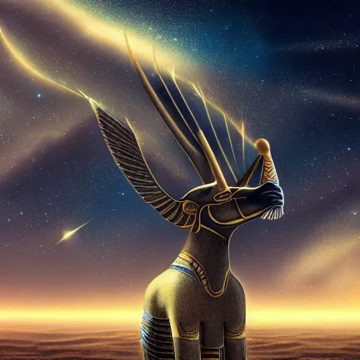 Image similar to realistic image of majestic egyptian god. beautiful majestic triumphant. realistic. beautiful. mysterious. intricately detailed. meticulously rendered. background nisbstarry skym astrophotography. epic. 4 k hd. trending on art station. h 7 6 8