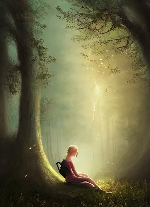 Image similar to portrait, blond girl sits in mystical misty forest, reading under a tree, fireflies, dramatic lighting, cinematic, establishing shot, extremly high detail, foto realistic, cinematic lighting, post processed, concept art, artstation, matte painting, style by eddie mendoza, raphael lacoste, alex ross