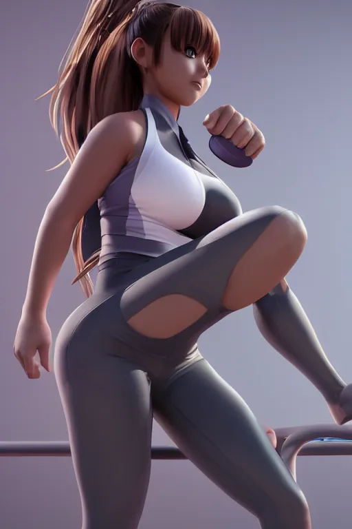 Prompt: photorealistic 3 d render of of an impossibly curvy anime girl wearing a gym outfit, by artgerm and earl norem, featured on pixiv, booru, exaggerated proportions, high resolution digital art, 4 k, beautiful symmetric face, subsurface scattering, volumetric lighting, realistic skin texture