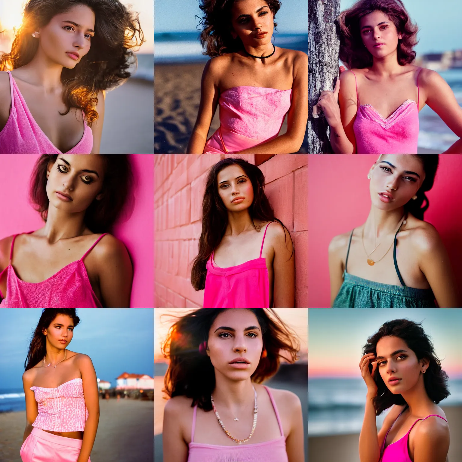 Prompt: Portrait of beautiful young Brazilian female model wearing camisole, in 1960s fashion pink style, golden hour in Manhattan beach, Zeiss 150mm f2.8 Hasselblad, award-winning photo