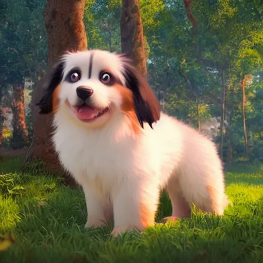 Prompt: a wholesome animation key shot of australian shepherd puppy, studio ghibli, pixar and disney animation, sharp, rendered in unreal engine 5, anime key art by greg rutkowski, bloom, dramatic lighting