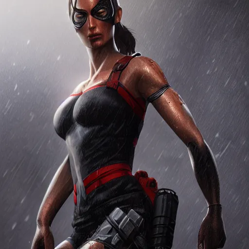 Image similar to Lara croft as spiderwoman,face get water , heavy rain ,dramatic, intricate, highly detailed, concept art, smooth, sharp focus, illustration, Unreal Engine 5, 8K