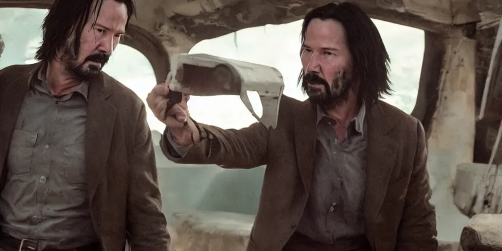 Image similar to old keanu reeves in Logan, cinematic, blood, ultrawide angle