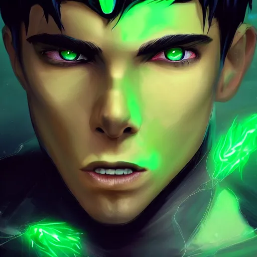 Image similar to a digital matte intricate face illustration concept art of young danny phantom with glowing green eyes cute fangs alt art fashion inspired art by charlie bowater and wlop and mark arian and ross tran + neon colors, symmetry, intricate complexity, epic composition, magical atmosphere, highly detailed, cinematic lighting + masterpiece, trending on artstation + 8 k