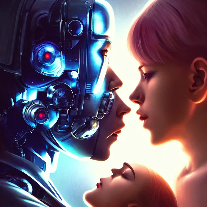 Prompt: ultra realistic medium shot of couple cyborgs male and female kiss, lovers, cyberpunk, sci - fi, fantasy, kodak, colour led, soft light, volumetric lighting, night, intricate, istock, highly detailed, digital painting, concept art, smooth, sharp focus, illustration, art by artgerm and greg rutkowski and alphonse mucha