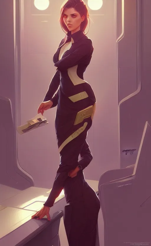 Image similar to Female in office dress, sci-fi, highly detailed, digital painting, artstation, concept art, smooth, sharp focus, illustration, art by artgerm and greg rutkowski and alphonse mucha