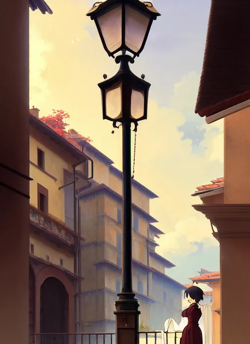 Image similar to florence italy in 1 8 2 0, a nightingale bird sits on a lamp - post at dawn, flowers in window boxes, finely detailed perfect art, gapmoe yandere grimdark, trending on pixiv fanbox, painted by greg rutkowski makoto shinkai takashi takeuchi studio ghibli