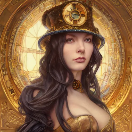 Prompt: Masterpiece head and shoulders portrait of Caitlyn from League of Legends of Arcane animated Series with blue long hair and cylinder hat with Steampunk armor drawn by Donato Giancola and Tom Bagshaw, Edmund Leighton, Alphonse Mucha, background by James Jean and Gustav Klimt, 4k, porcelain skin, volumetric lighting, komorebi, french nouveau, trending on artstation, octane render, hyperrealistic