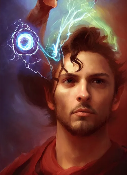 Image similar to character concept portrait of an attractive young angry Spanish wizard with red skin conjuring a portal spell, a floating iridescent spell book in the center, intricate, elegant, digital painting, concept art, smooth, sharp focus, illustration, from Metal Gear, by Ruan Jia and Mandy Jurgens and William-Adolphe Bouguereau, Artgerm