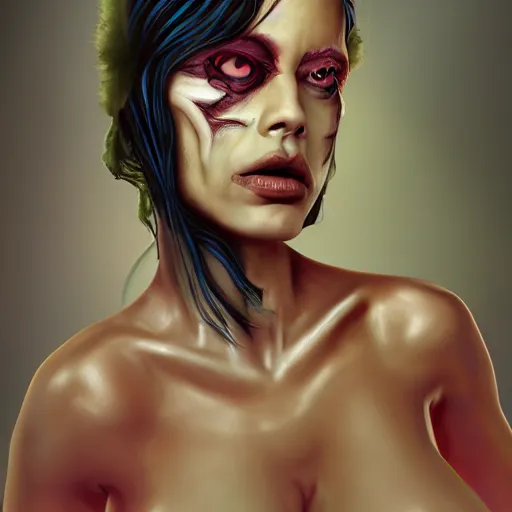 Image similar to A very detailed horrifying portrait painting of the princess of darkness, inverted skin colors, occult, 8k, trending on artstation cgsociety, masterpiece, in the style of DiscoDiffusion.