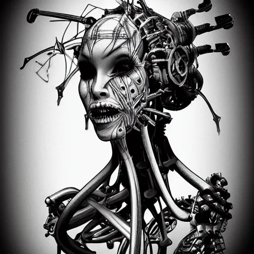 Image similar to 3 d portrait of a biomechanical cyborg by tony diterlizzi, tim burton, hr giger, ilford hp 5, 5 5 mm, machinecore by artgerm, 3 d render, gothcore, beeple, joseph leyendecker, carlo carra