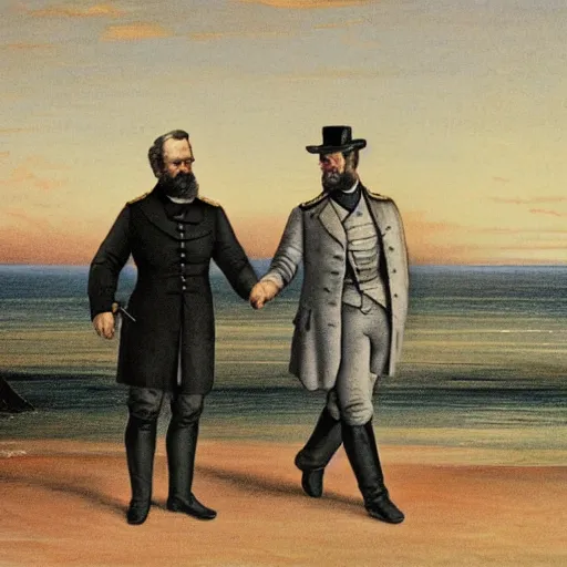 Prompt: Ulysses S. Grant and Robert E. Lee holding hands and walking on the beach, smiling, sunset