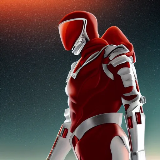 Prompt: portrait of a tall athletic muscular infantry man in glossy sleek white armor with tiny red details and a long red cape, heroic posture, on the surface of mars, night time, dramatic lighting, cinematic, sci-fi, hyperrealistic, godrays, diffused lighting, movie still